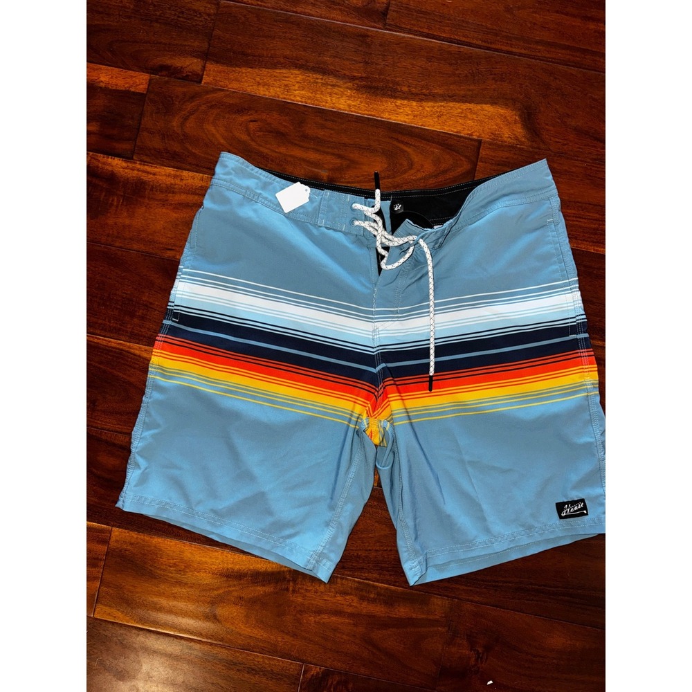 Longboard House Mens Blue Rainbow Vertical Stripe Board Shorts Swim Trunks 32